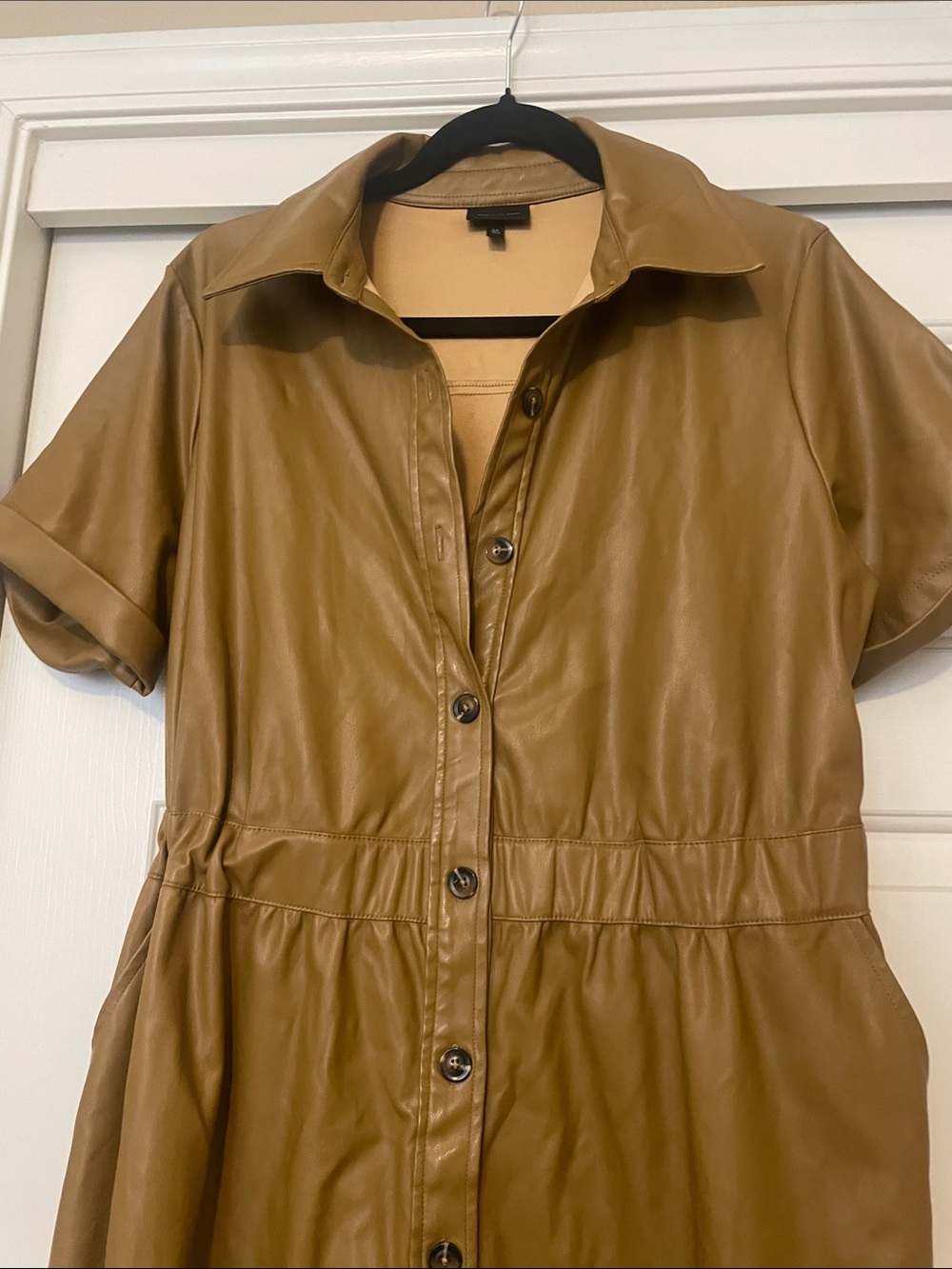 Who What Wear Faux Leather Short Sleeve Button-Front Midi Dress in Tan